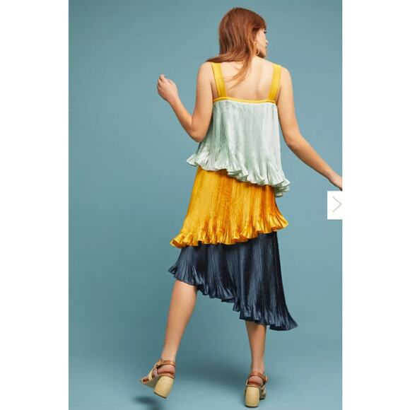 Guapa Anthropologie Dress Small Pleated Colorblock Midi Asymmetrical Tiered Boho - Picture 4 of 14